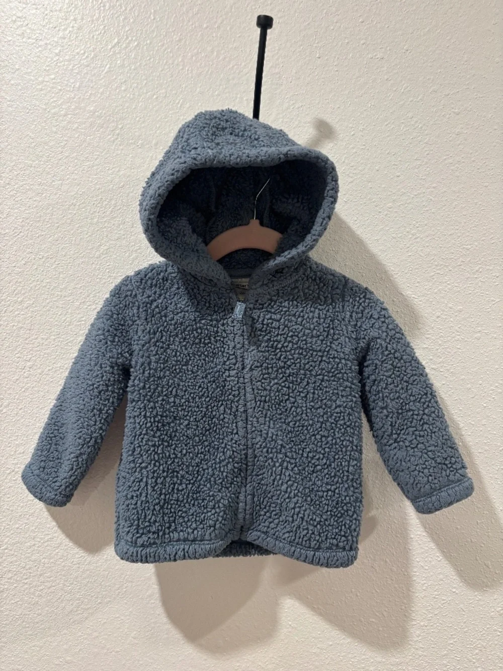Hooded blue-gray Carter's sherpa fleece baby jacket featuring full front zipper